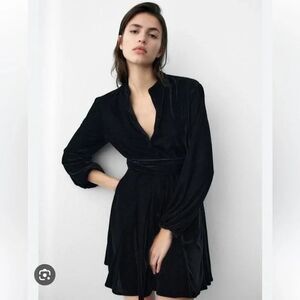 Zara Women's M Black Velvet Button Front Tie Waist LS Mini Little Black Dress